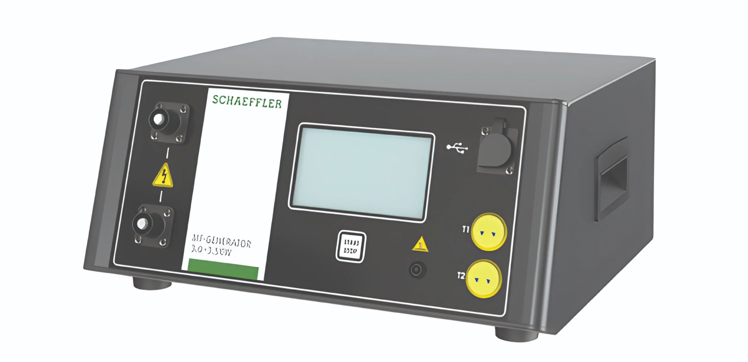 Control panel of an industrial instrument with a small LCD display and yellow push buttons labeled SCHAFFLERinscribed on the front