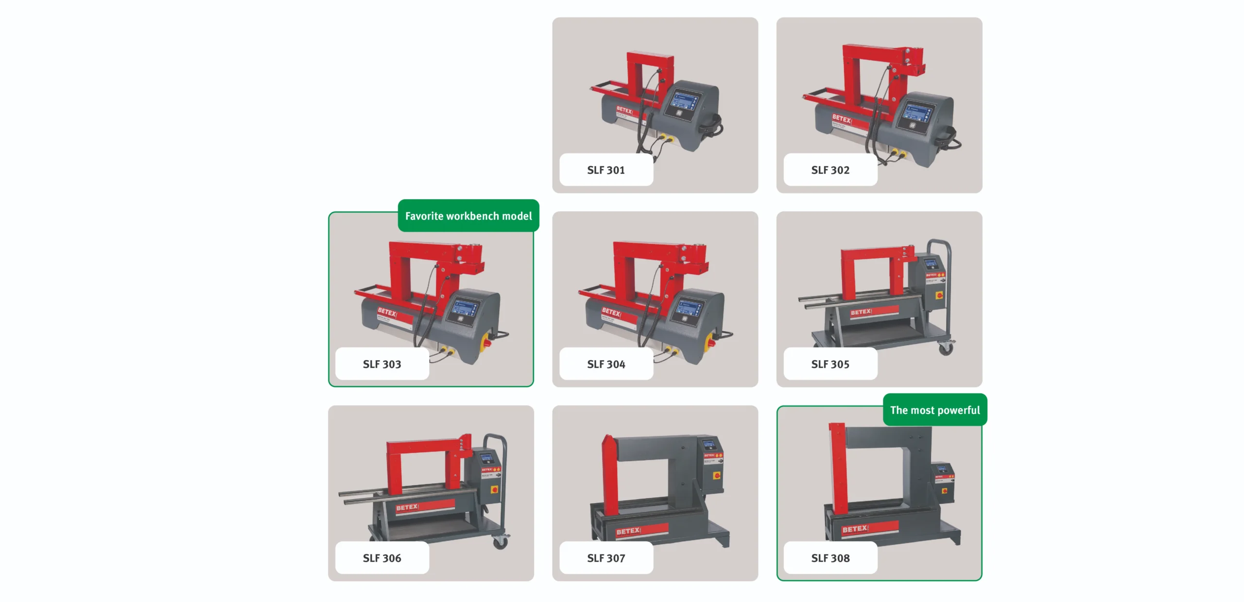 Grid of Betex machines in beige cards showing SLF 301–308; some tiles have green badges reading 'Favorite workbench model' or 'The most powerful'.