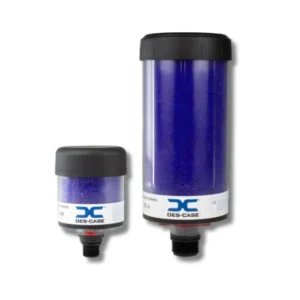 Two blue DES-CASE filter housings with black caps, one small and one large, labeled with white bands.