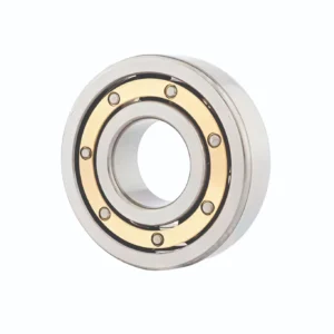 Close-up of a shiny metal bearing showing inner and outer rings with ball races and fasteners visible on the ring edge.