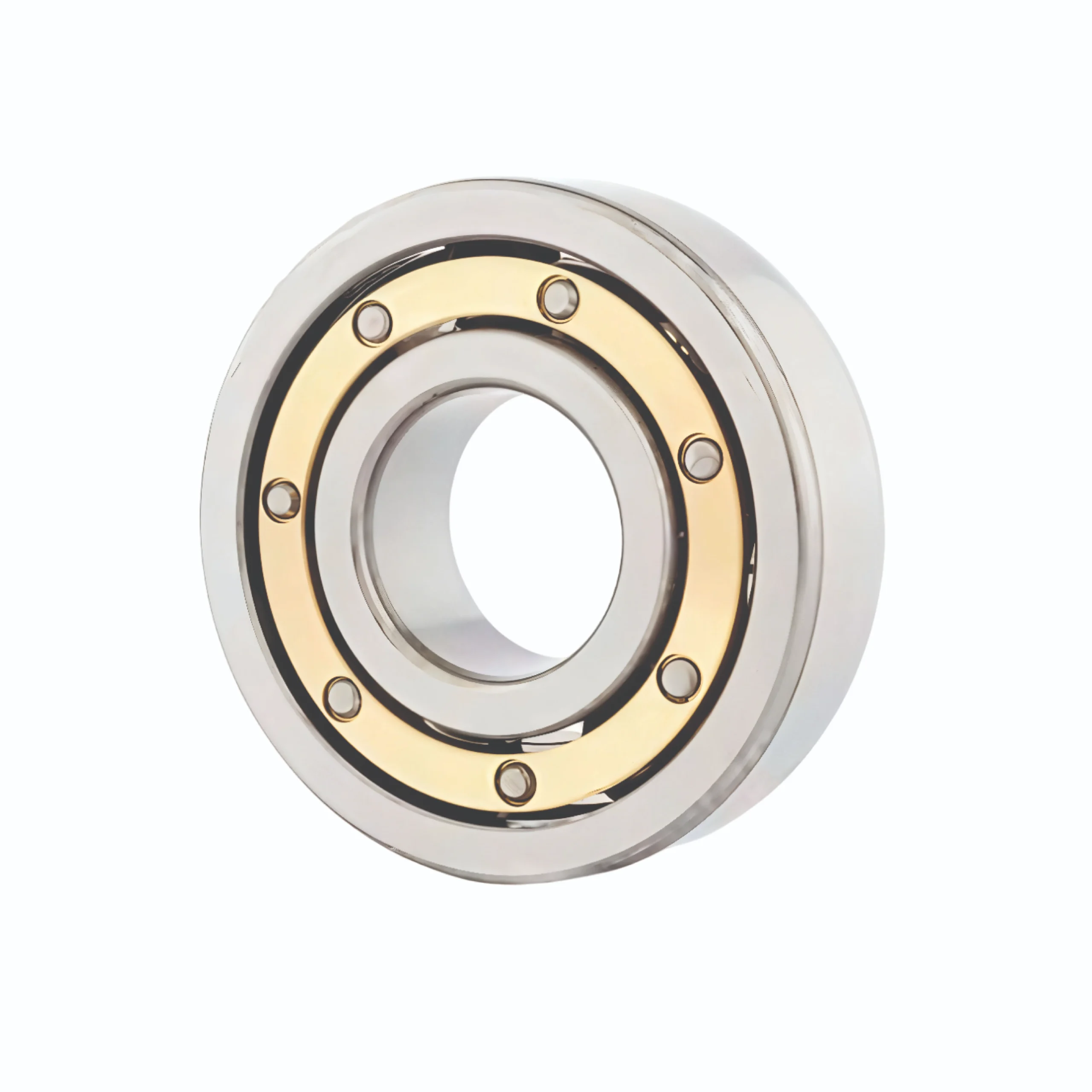Close-up of a shiny metal bearing showing inner and outer rings with ball races and fasteners visible on the ring edge.