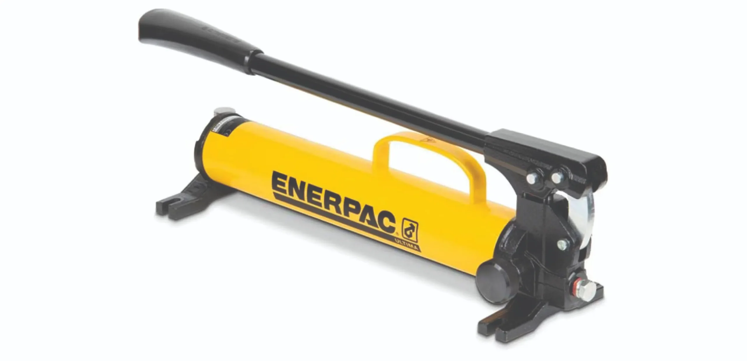 Enerpac hydraulic hand pump/crimping tool with a long black lever and yellow reservoir body for generating hydraulic pressure (manual pump)