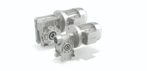 VF - W Series Worm Gearboxes - Bearings Specialist 3D rendering of a metallic gearbox with two attached motors showing gears and casing on a white background