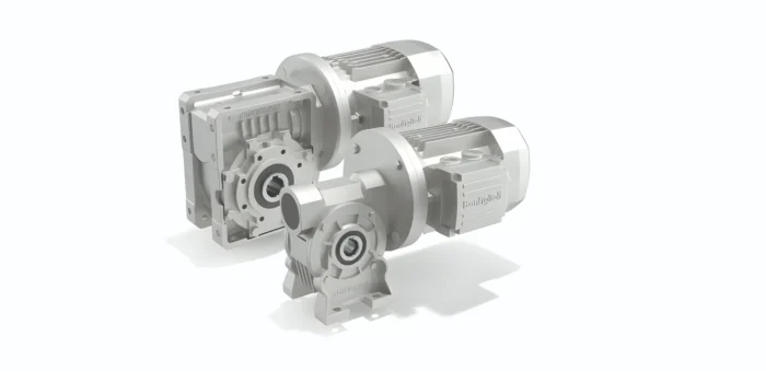 3D rendering of a metallic gearbox with two attached motors showing gears and casing on a white background