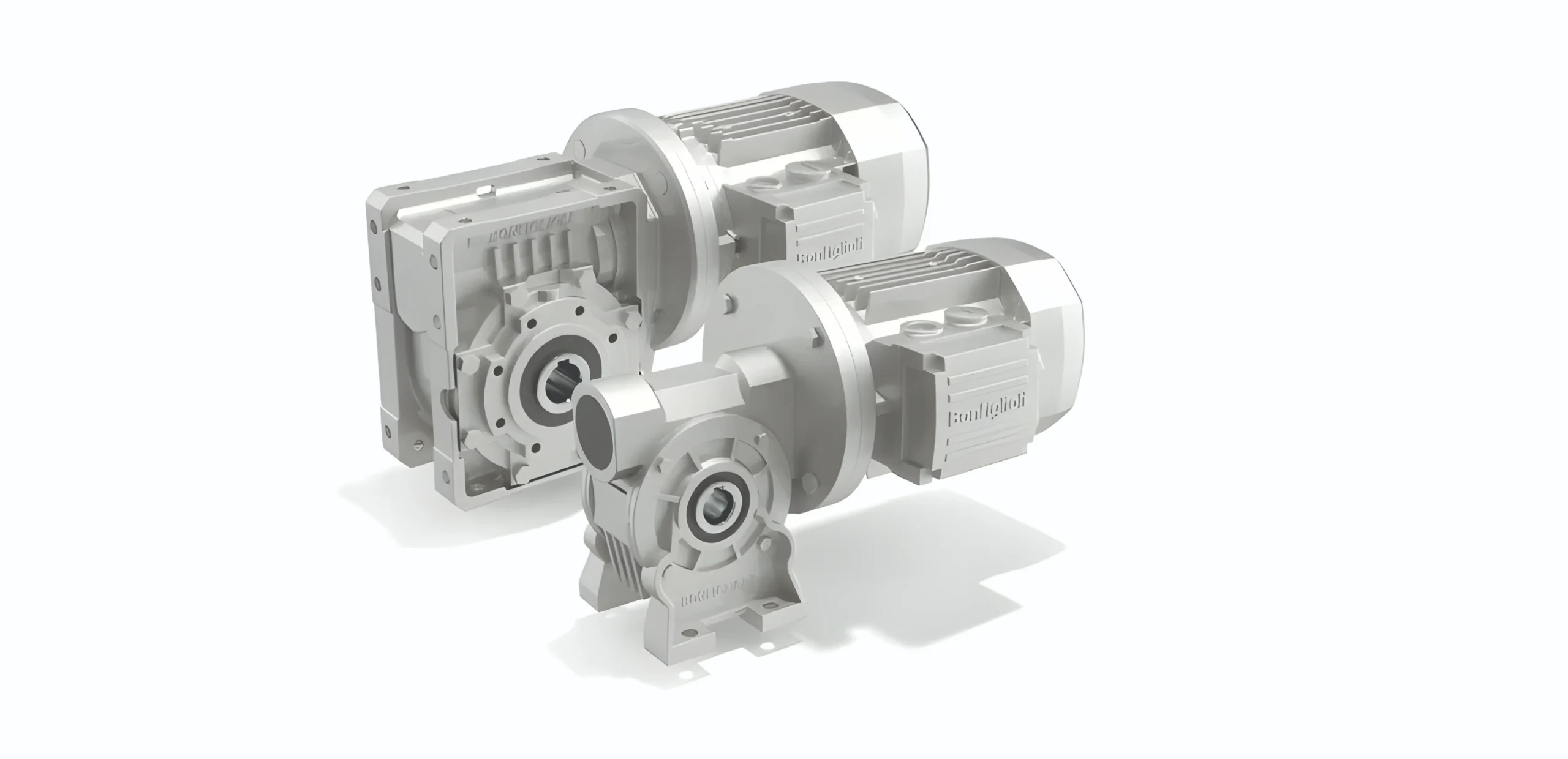 3D rendering of a metallic gearbox with two attached motors showing gears and casing on a white background