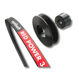 Drive belt labeled 'RED POWER 3' with two black pulleys and a small connector part, shown at an angle on a white background.