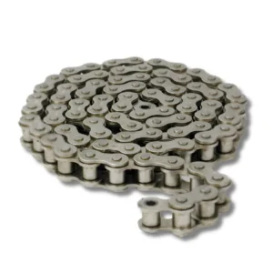 Coiled metal roller chain arranged in a rounded question-mark shape on a white background