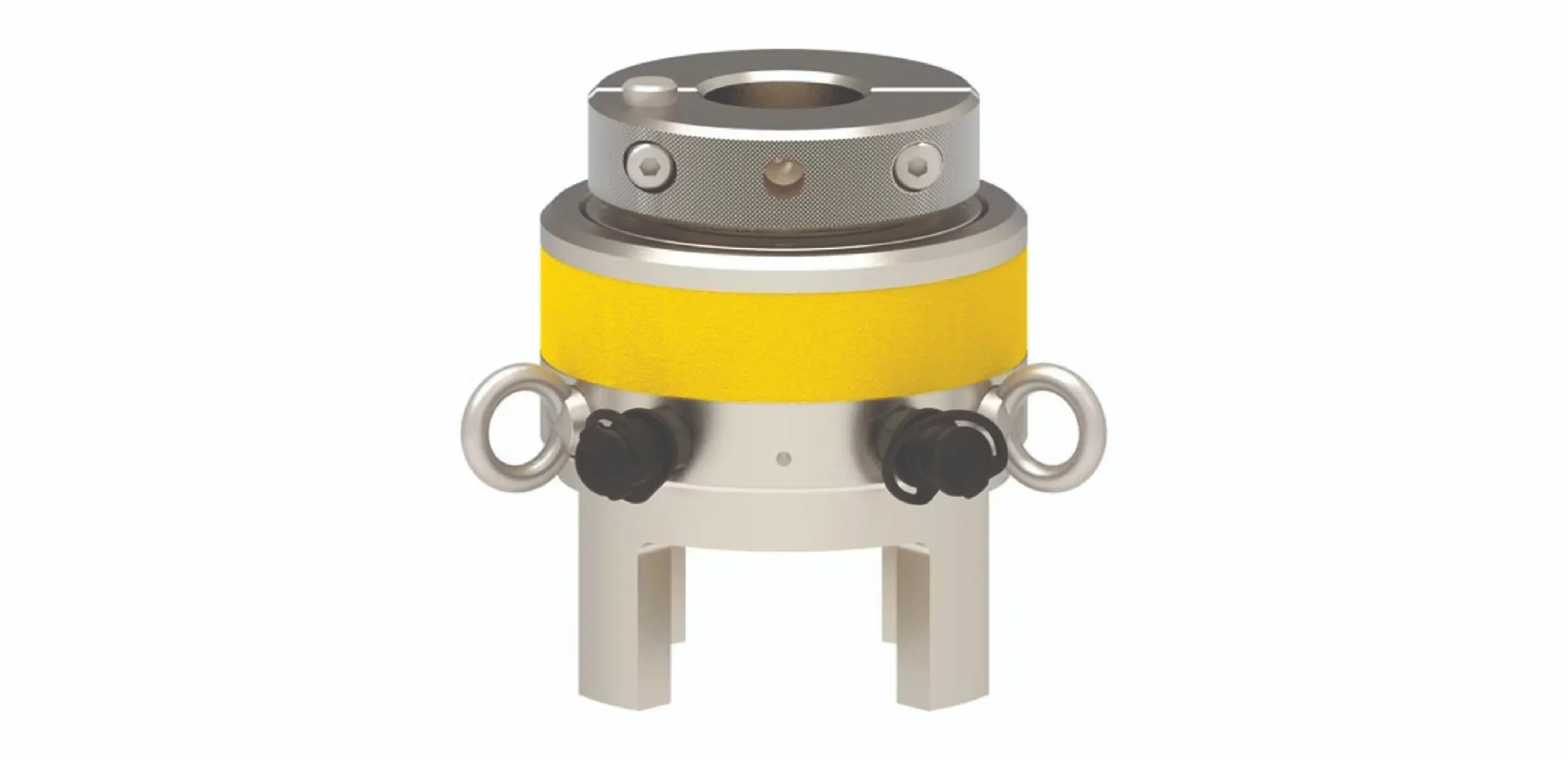 Cylindrical industrial valve or actuator with a yellow band, knurled metal top, and side handwheels on legs.