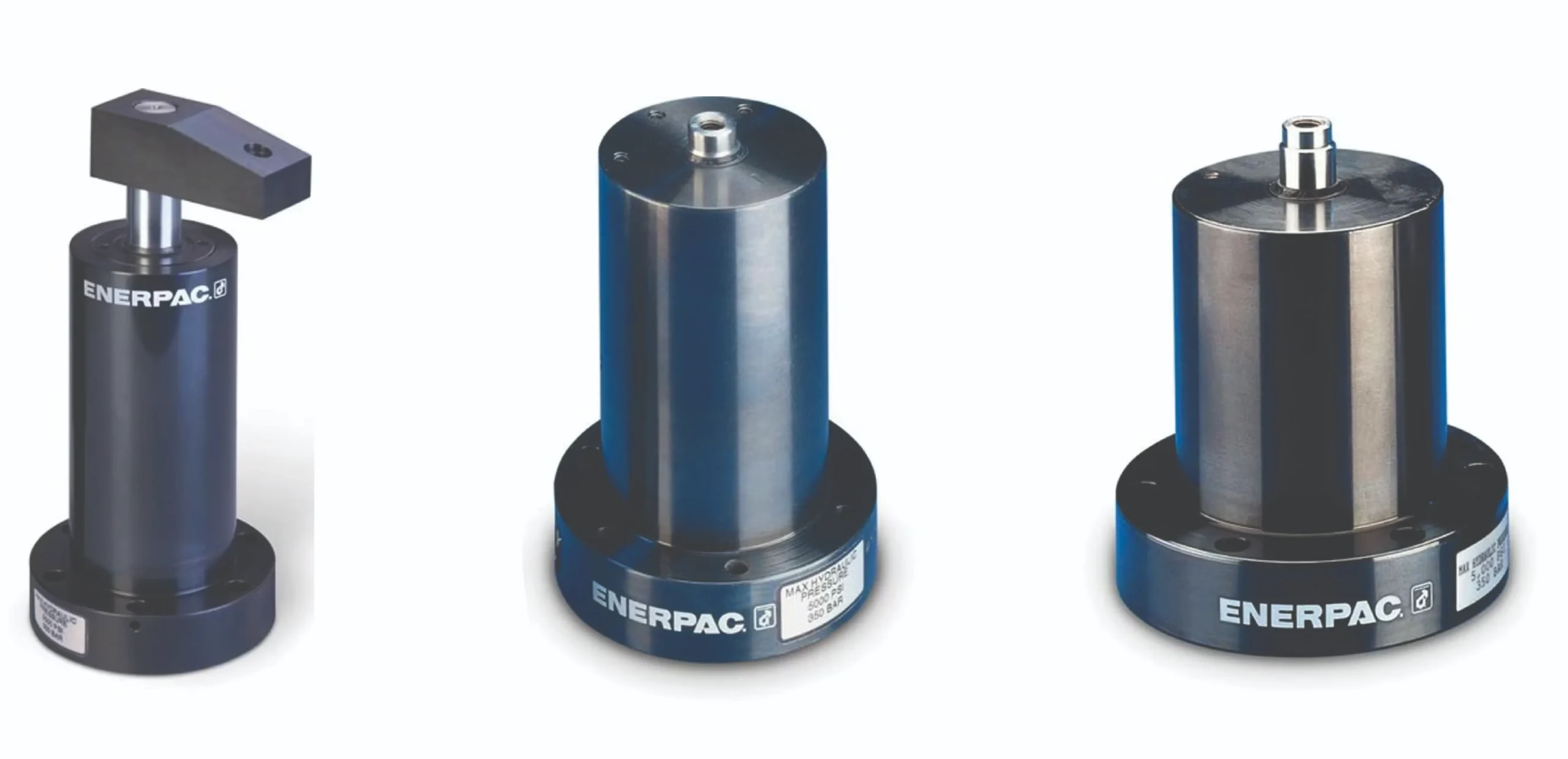 Three Enerpac hydraulic jacks lined up on a white background, blue cylinders with black bases.