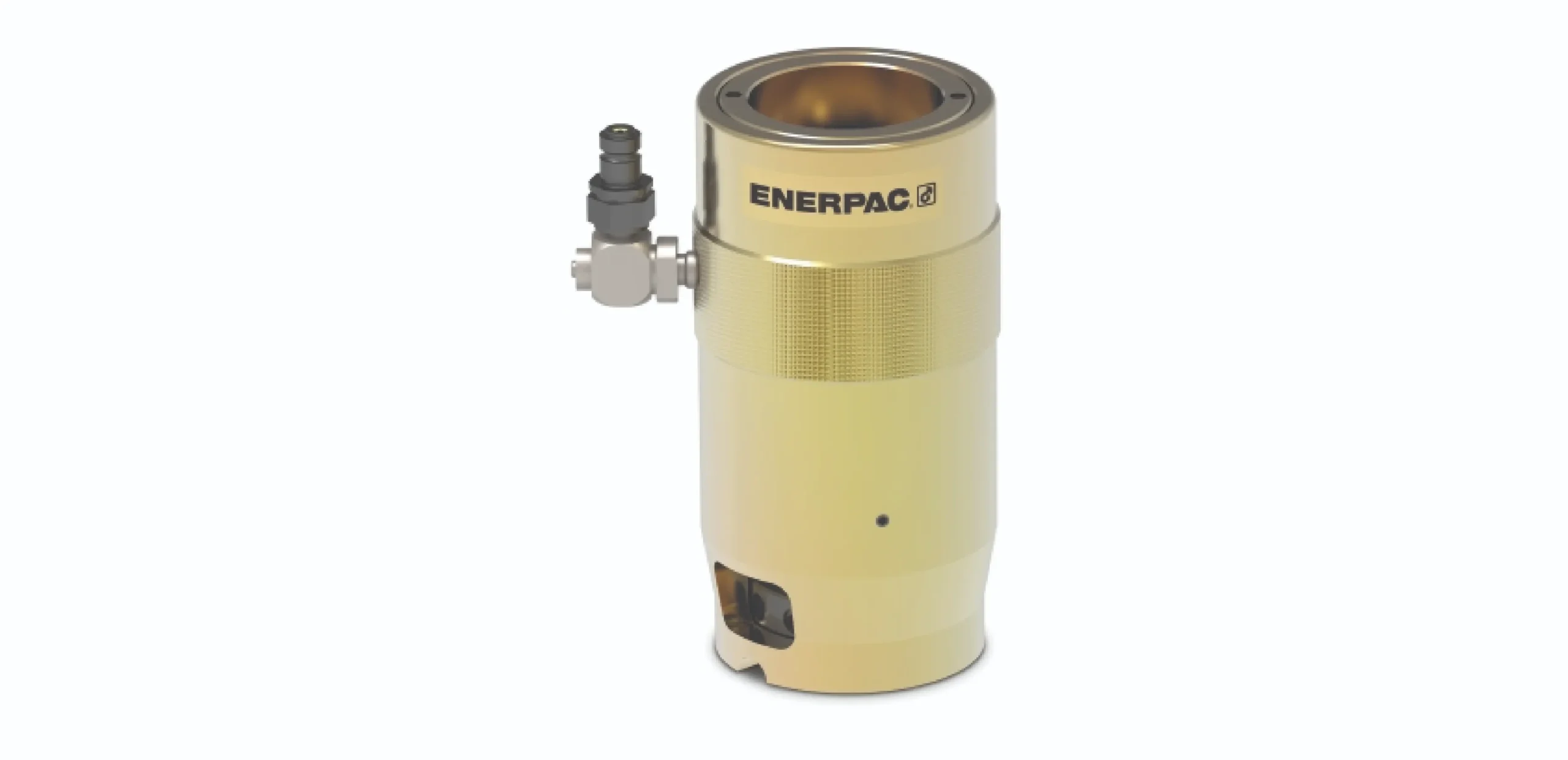 Gold Enerpac hydraulic cylinder with a side-mounted control valve.