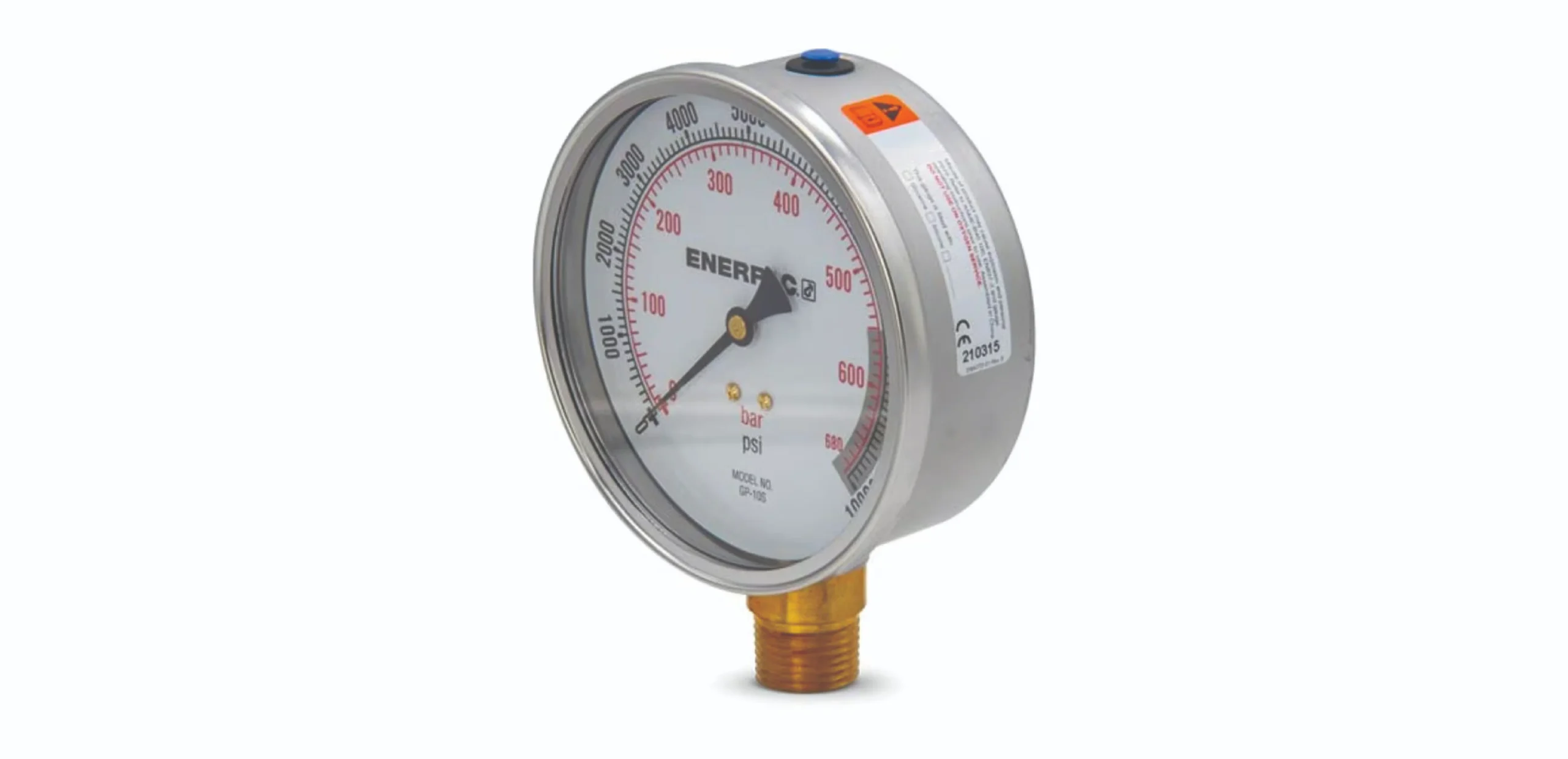 Round industrial pressure gauge with a metal case mounted on a brass connector, showing psi and bar scales on the dial (up to ~600 psi).