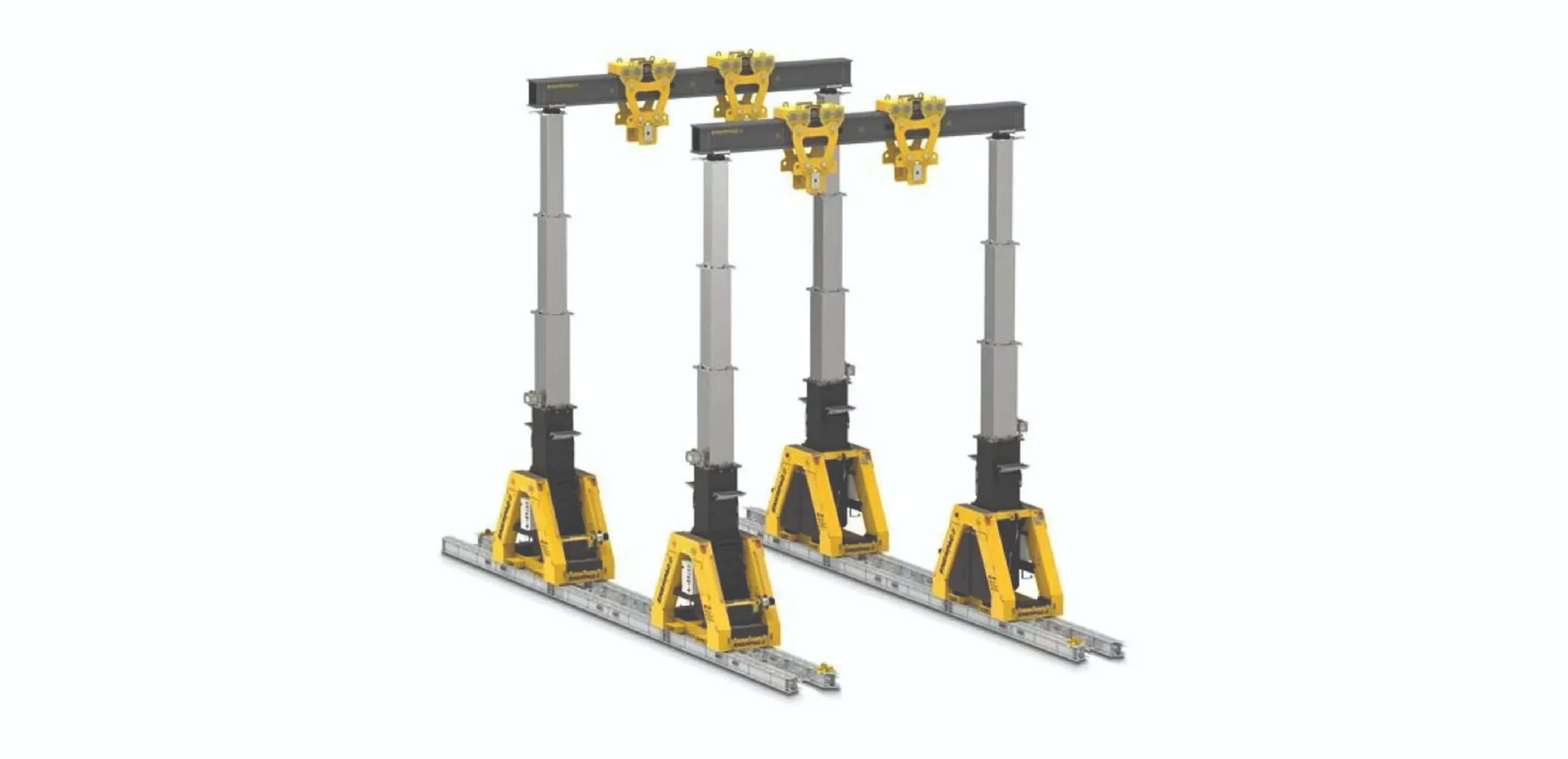 Four-post overhead gantry crane with yellow hoist trolleys on a metal beam and rails for lifting heavy loads