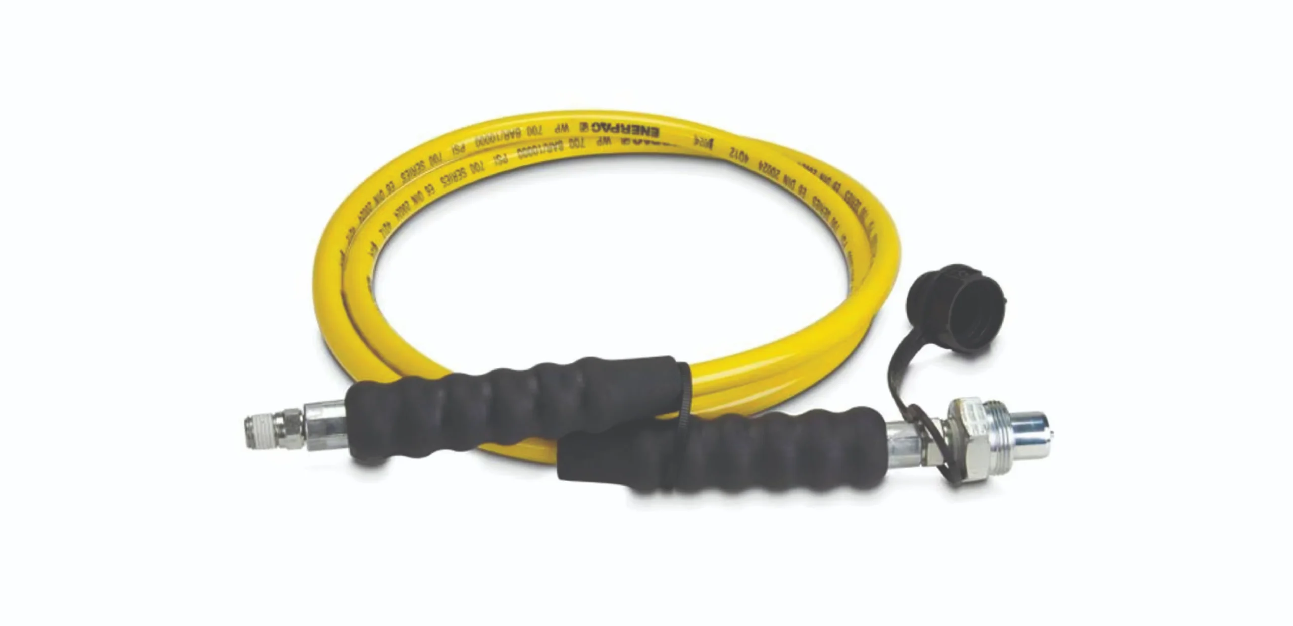 Yellow coiled hose with black rubber grips and metal fittings on both ends against a white background.