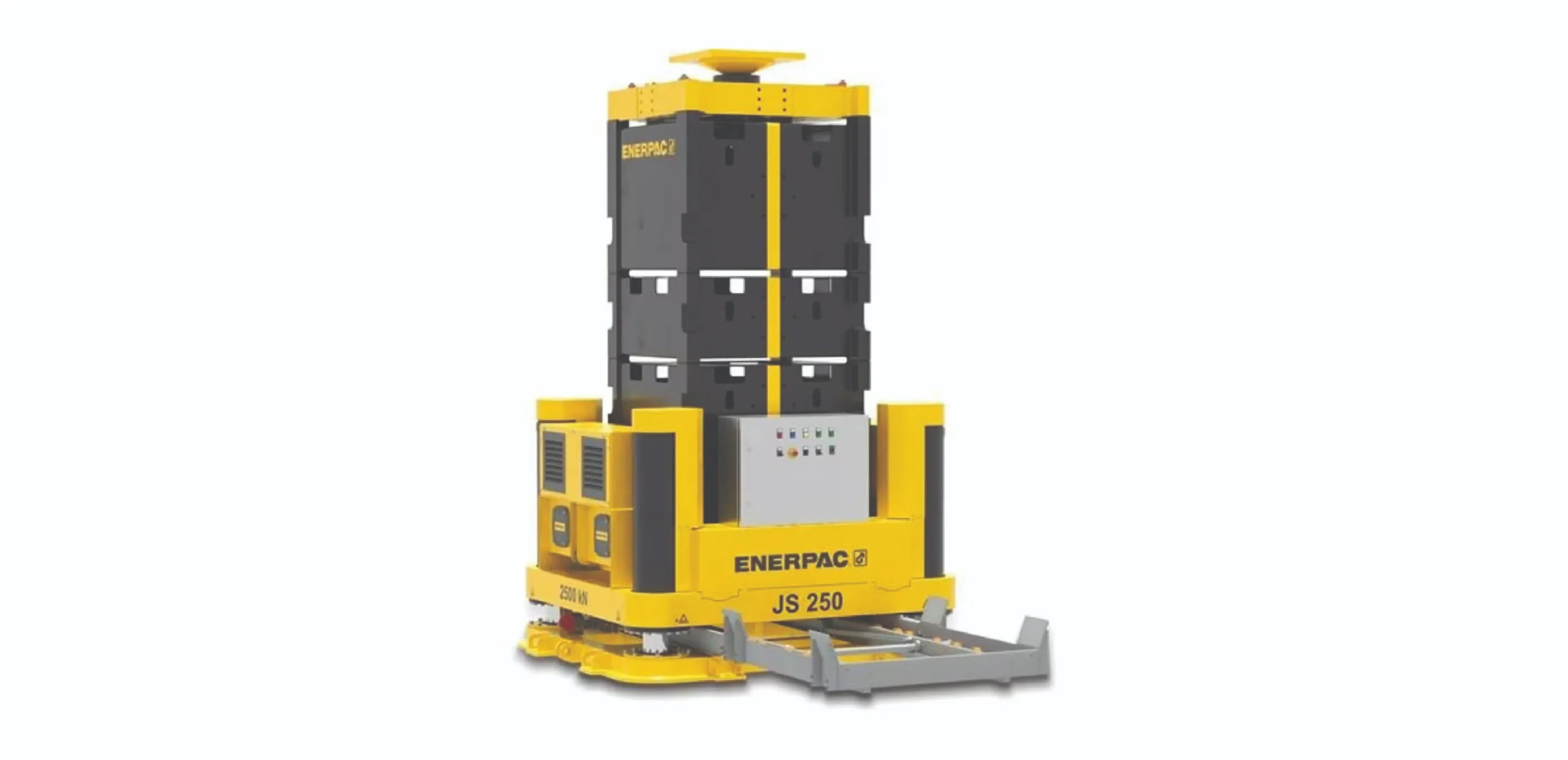 Enerpac JS 250 hydraulic shop press or lifting/stamping machine in yellow and dark gray, with control panel visible on the front.