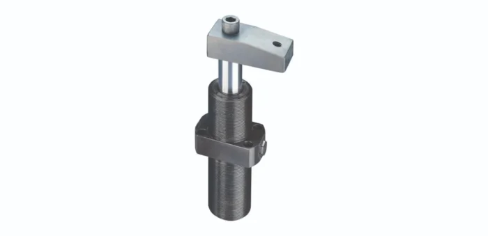 Metal screw-driven linear actuator with a top mounting block and clamp around a threaded shaft at center.