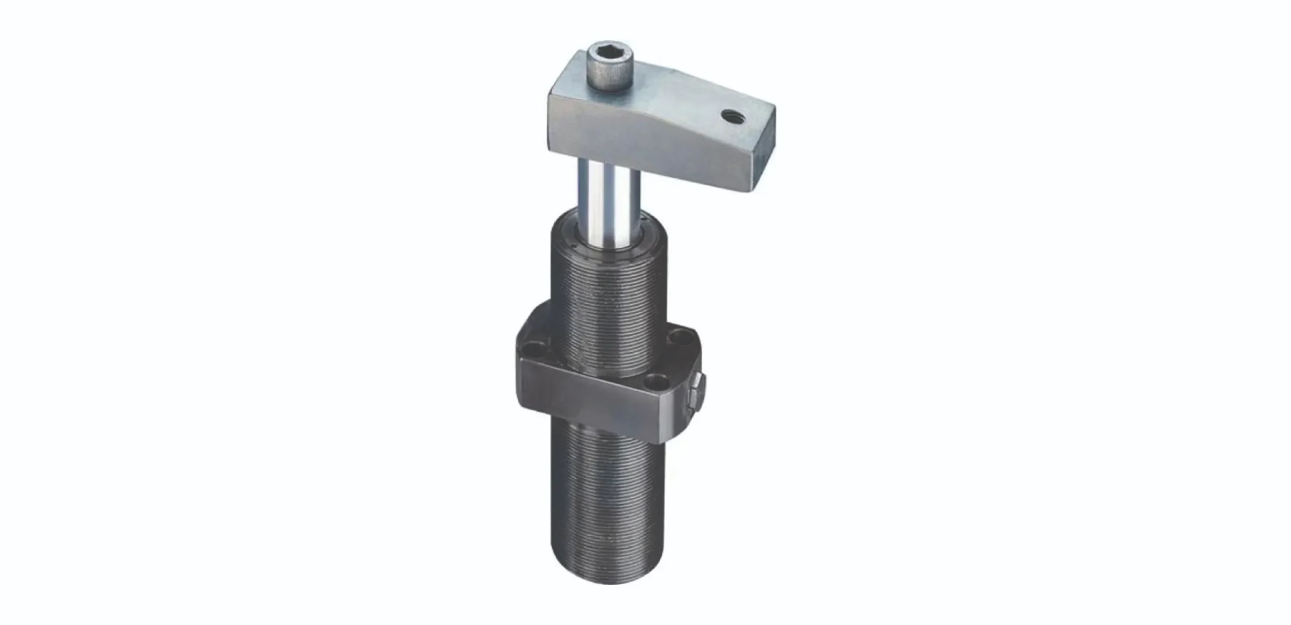 Metal screw-driven linear actuator with a top mounting block and clamp around a threaded shaft at center.