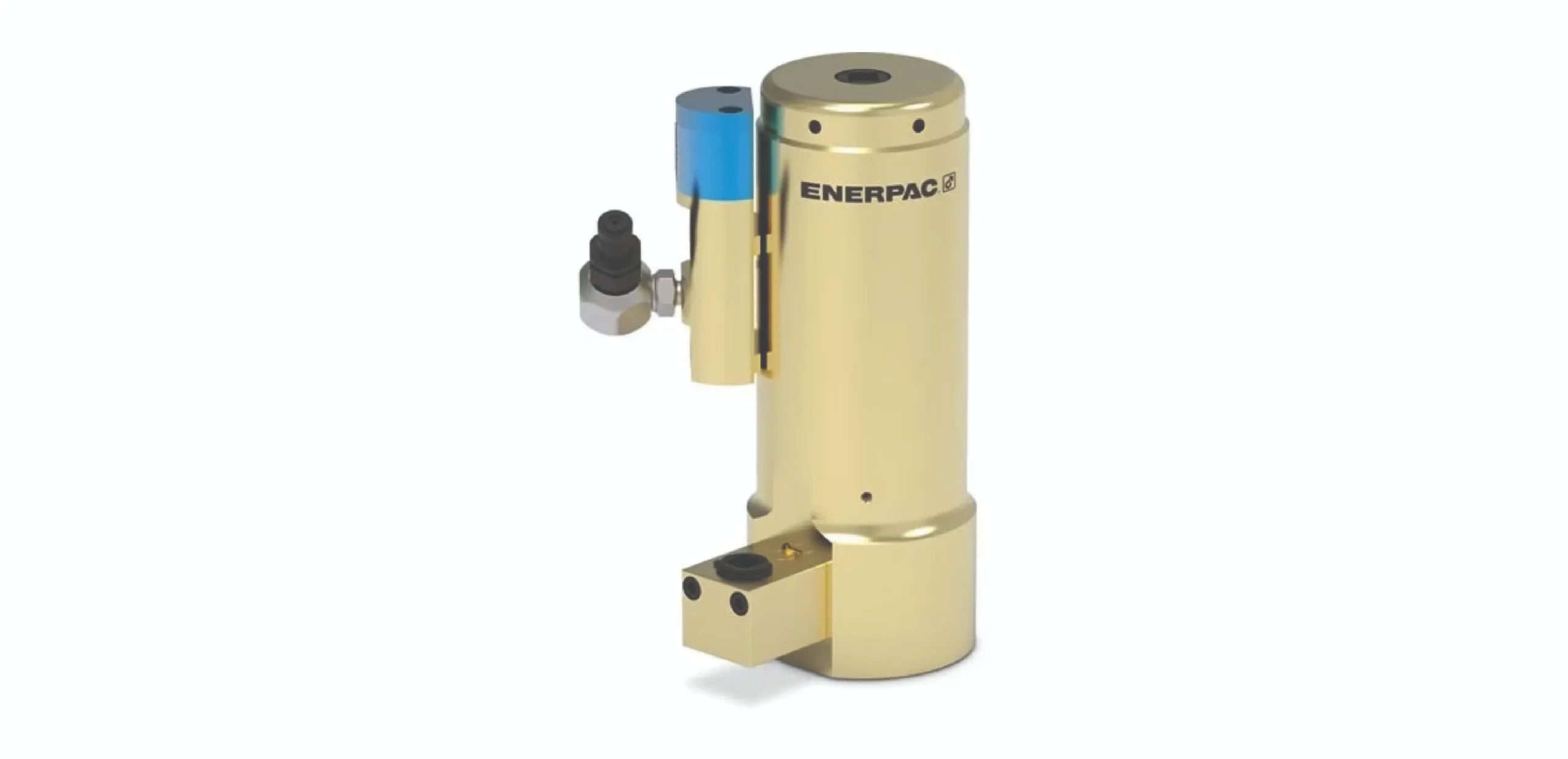 Enerpac hydraulic cylinder with a blue top and mounted control valve on a beige base.