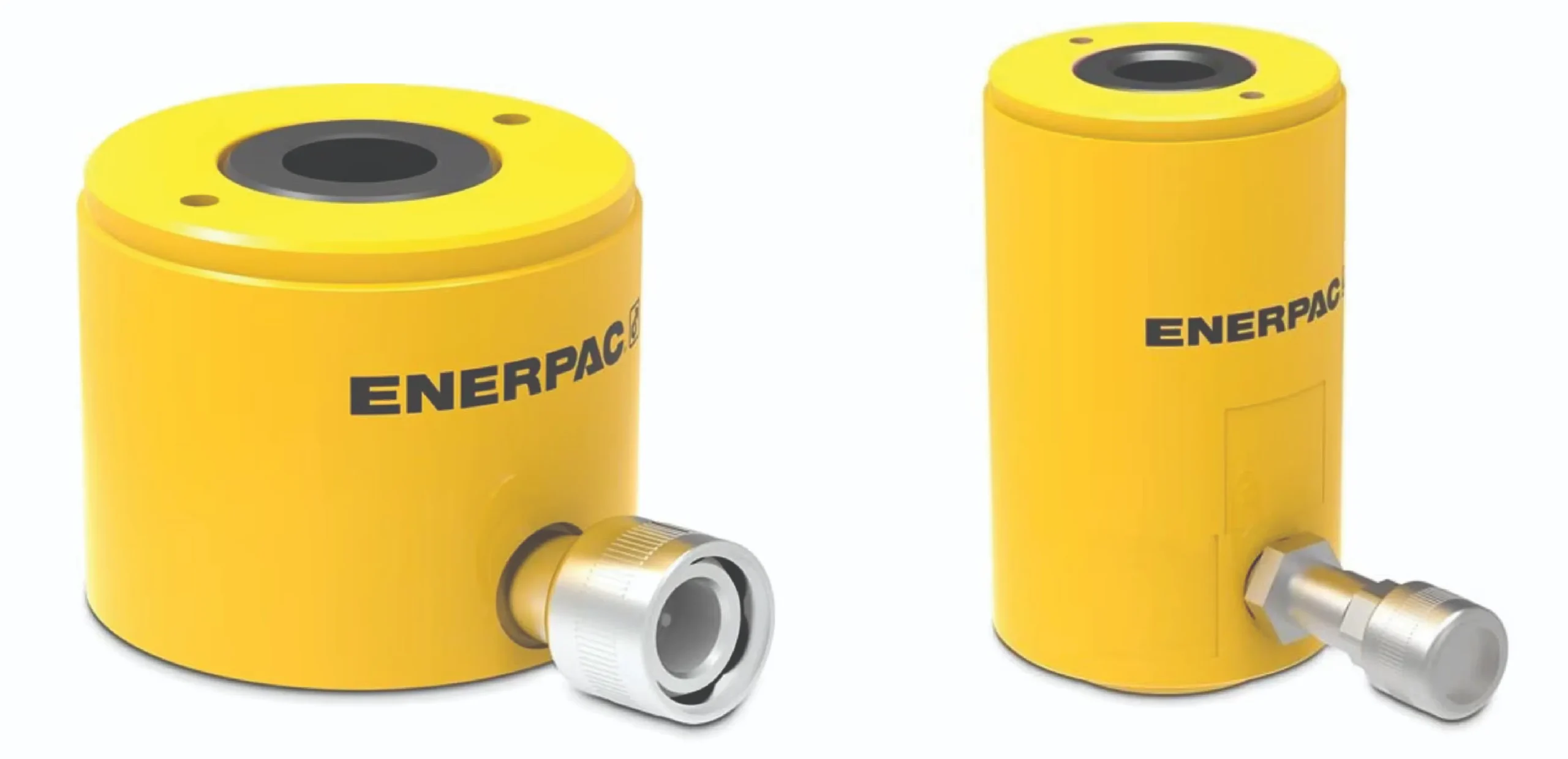 Two yellow Enerpac hydraulic cylinders with silver fittings, shown side by side for lifting/jacking applications.