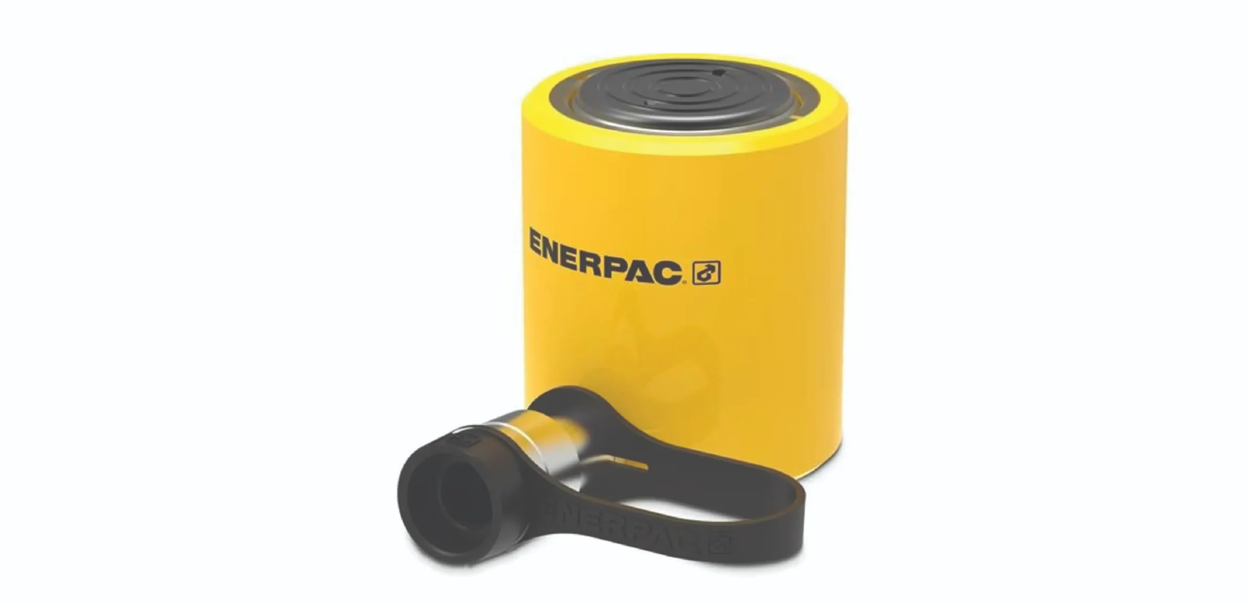 Enerpac yellow hydraulic jack/cylinder with a black hose attachment lying next to it on a white background.