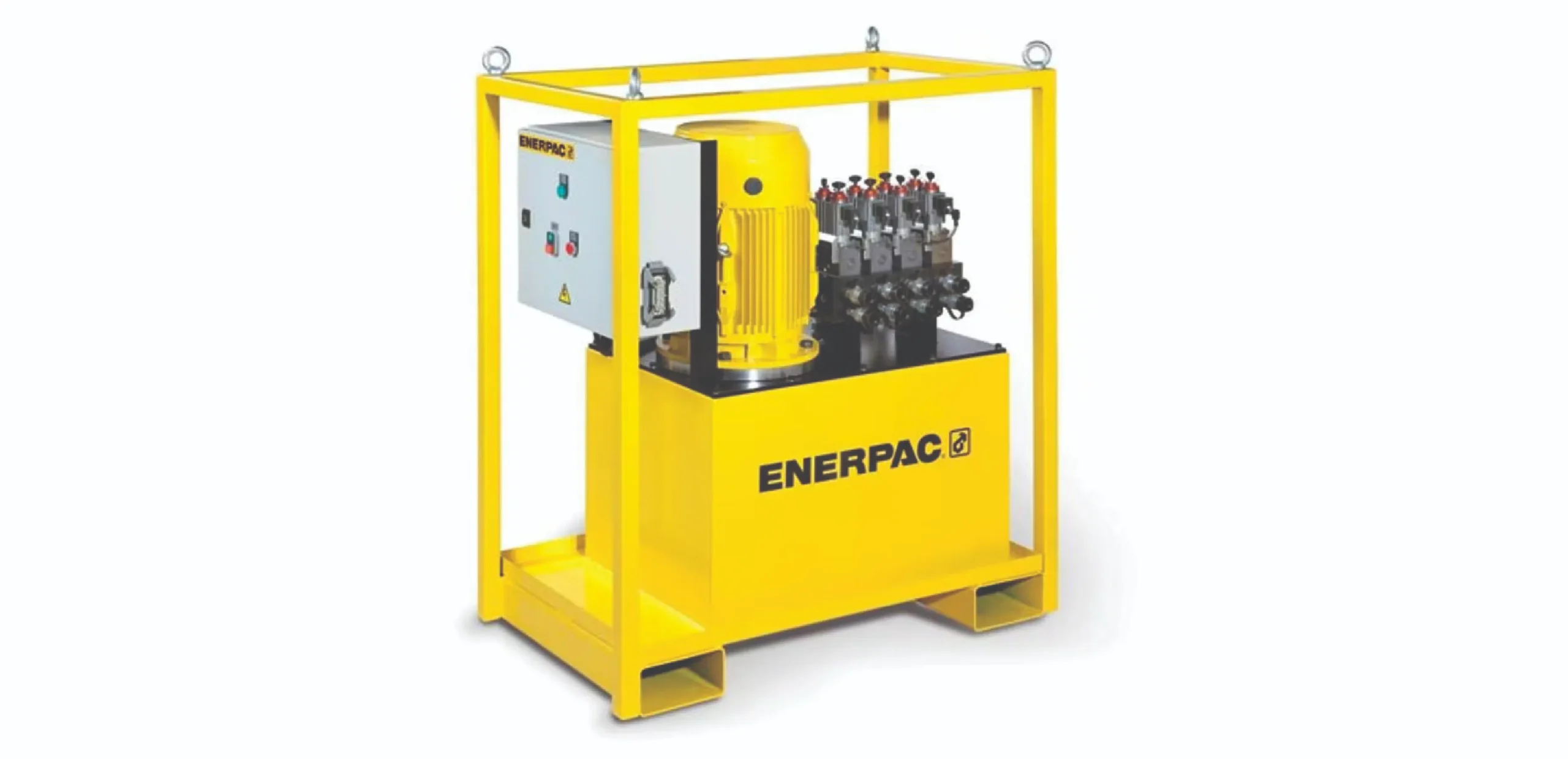 Yellow Enerpac hydraulic power unit with control panel inside a frame, mounted on a yellow base frame.