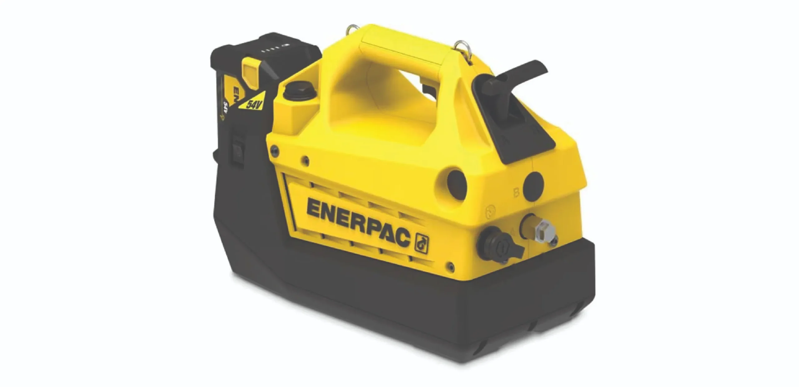 Battery-powered Enerpac hydraulic pump and control unit in yellow and black with branding visible on the side.