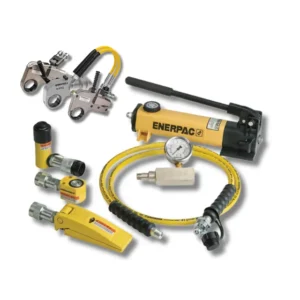 Enerpac hydraulic pump with yellow hose and assorted pressure fittings on a white background.