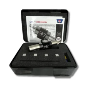 Laser pointer kit in a protective case with foam inserts and two metal laser modules inside the lid area.