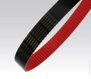 Close-up of a black Optibelt Delta Chain timing belt with red teeth and yellow printed part numbers along the edge.