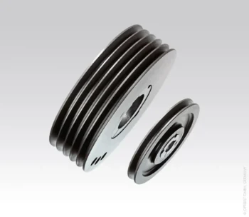 Two metal belt pulleys with multiple grooves shown against a gray gradient background (serpentine belt pulleys).