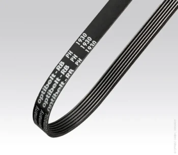 Close-up of a black automotive drive belt with white stamped alphanumeric markings against a gray gradient background.