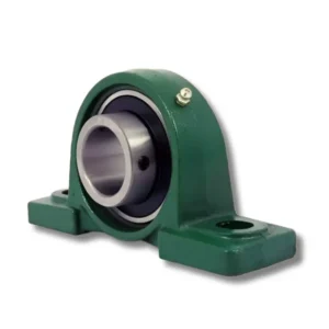 Green pillow block bearing housing with a silver circular bore for a shaft, mounted on a base with mounting holes.