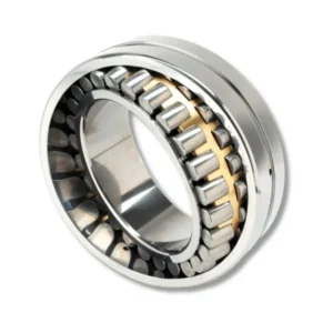 Close-up of a cylindrical roller bearing in metal, showing inner and outer rings with multiple rollers between them.