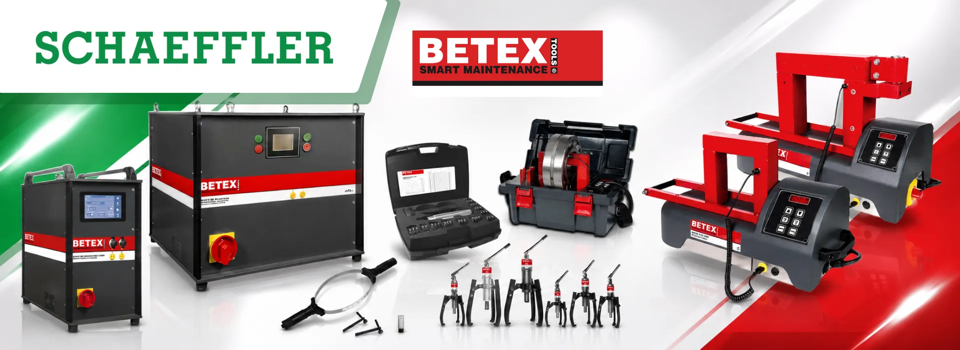 Banner showing Betex maintenance tools and equipment: large black control unit, smaller portable unit, toolbox, coils and clamps, and red-gray machinery on a white background with brand logos.
