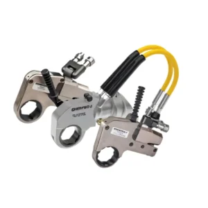 Low Profile Hydraulic Torque Wrenches - Bearings Specialist Dual hydraulic lever assemblies for a motorcycle, with yellow hoses and clamp-on mounts.